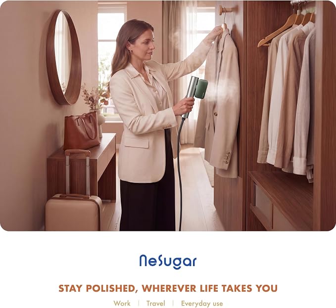 Nesugar G2 Travel Garment Steamer - Handheld Garment Steamer for Instant Wrinkle Smoothing - Rotating Head - Quick Heat-Up - Sleek Profile - Compact Size - Flat Ironing - Green
