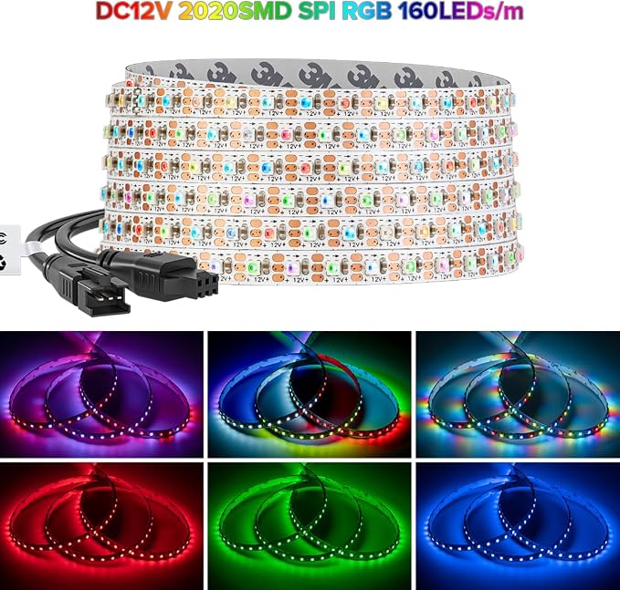 BTF-LIGHTING WS2812B IC RGB 5mm Ultra Narrow LED Strip 2020SMD DC12V Individually Addressable 16.4FT 160Pixels/m 800LED Dream Color Tape Light for Home DIY Decoration IP30 (No Adapter or Controller)