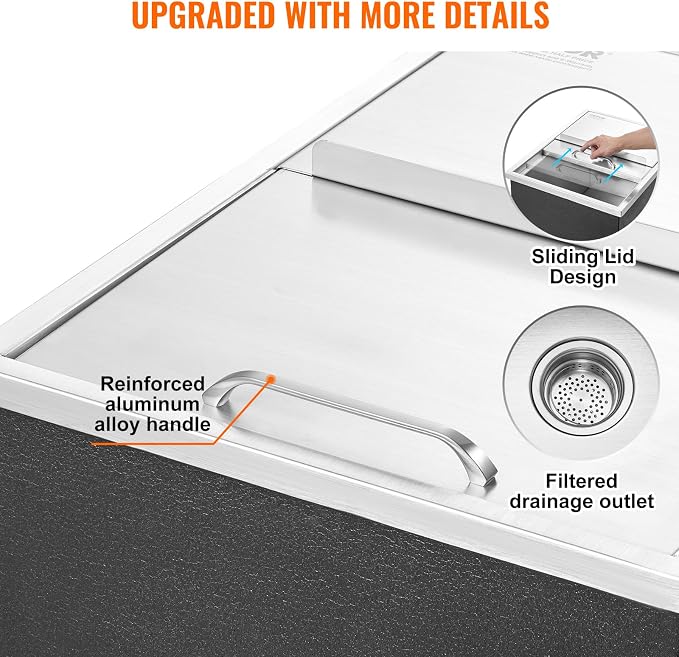 VEVOR Drop in Ice Chest, 24"L x 18"W x 13"H Stainless Steel Ice Cooler, Commercial Ice Bin with Sliding Cover, 40.9 qt Outdoor Kitchen Ice Bar, Drain-pipe and Drain Plug Included, for Cold Wine Beer