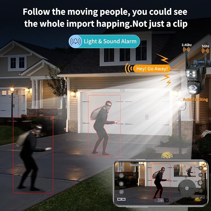LETSCEE Dual Lens WiFi Security Camera Outdoor,5G/2.4G PTZ Outdoor Auto Tracking,HOM Security Surveillance System Camera,WiFi,Night Vision,7/24 Recording