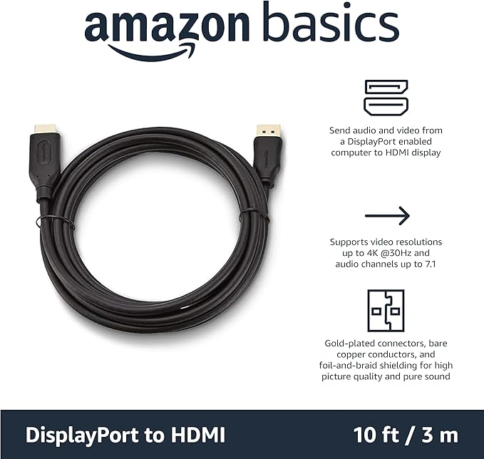 Amazon Basics DisplayPort to HDMI Cable, Uni-Directional, 4k@30Hz, 1920x1200, 1080p, Video and Audio, Gold-Plated Connectors, 10 Foot, Black