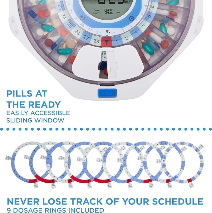LiveFine WiFi Automatic Pill Dispenser and Remote Medication Monitoring System with Locking Key, 28-Day Medication Organizer Up To 9 Doses Per, Adjustable Light/Sound Alarms For Prescriptions & Vitami
