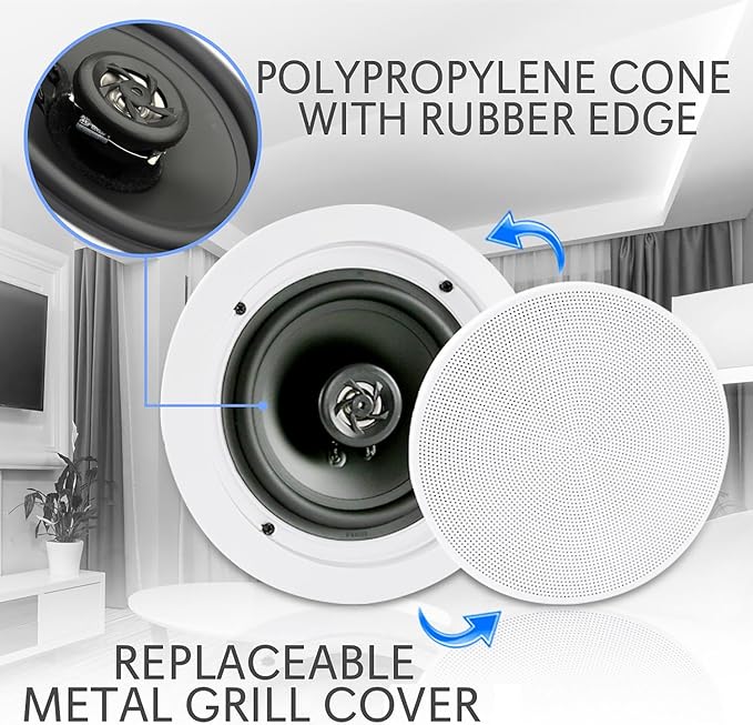 Pyle 6.5” Pair Bluetooth Flush Mount In-wall In-ceiling 2-Way Speaker System Quick Connections Changeable Round/Square Grill Polypropylene Cone & Polymer Tweeter Stereo Sound 150 Watt (PDICBT652RD)