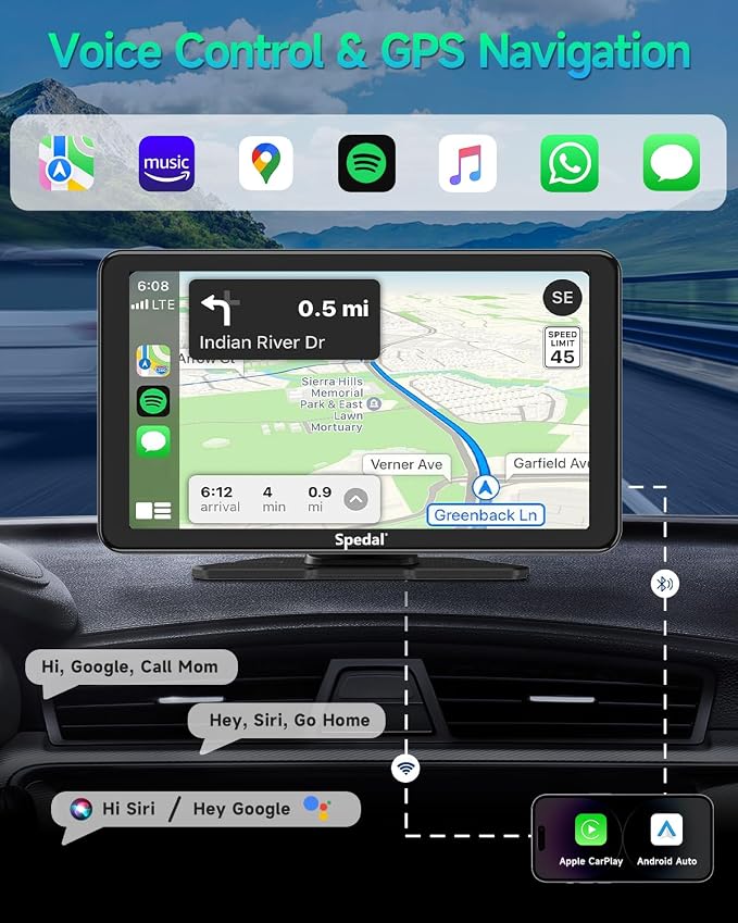 Spedal Car Play with Backup Camera, Portable CarPlay and Android Auto 7" CarPlay Screen for Car, Mirror Link/Bluetooth/Navigation/Voice Control