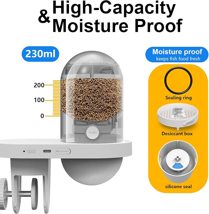 WiFi Automatic Fish Feeder with 2.5K Camera, 2.4/5G Smart App Remote Contro & Vacation Feeding Timer, Precision Aquatic Pet Feeder, 230ML Moisture-Proof Fish Food Dispenser for 10+ Gallon Tank