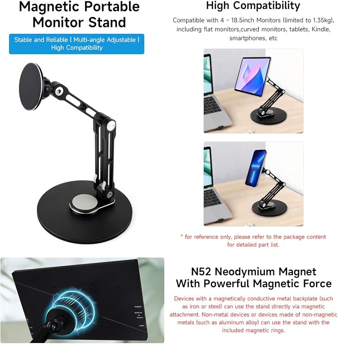 KLAYERS Mini Monitor Stand B,N52 Neodymium Magnet with Metal Rings,Stable Weighted Base,Ergonomic & Foldable Design