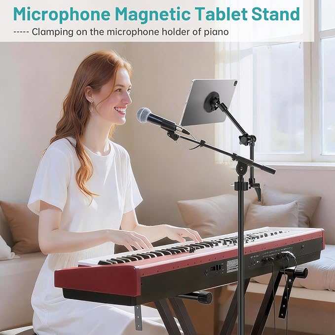 Magnetic iPad Holder for Microphone Stand / Music Stand,Tablet Mount Compatible with MagSafe 4.7~13.5" iPad /Pro/Mini/Air,Galaxy Tab,Nexus,e-Reader,iPhone,360°Adjustable 10" Long Aluminum Alloy Arm
