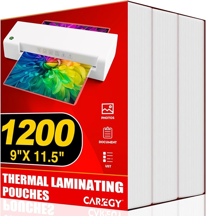 CAREGY Thermal Laminating Pouches, 1200 Pack 3 Mil, 9 x 11.5 Inches Laminating Sheets Paper for Laminator, Clear, Letter Size, Office and School Supplies