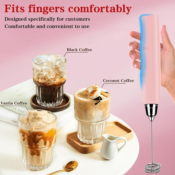 BSRGMS Milk Frother Handheld with Stand, Electric Whisk 3 Speed Adjustable, Drink Mixer with Stainless 3 Whisks, Rechargeable Hand Frother Wand, Foam Maker for Latte Cappuccino Hot Chocolate Egg Pink
