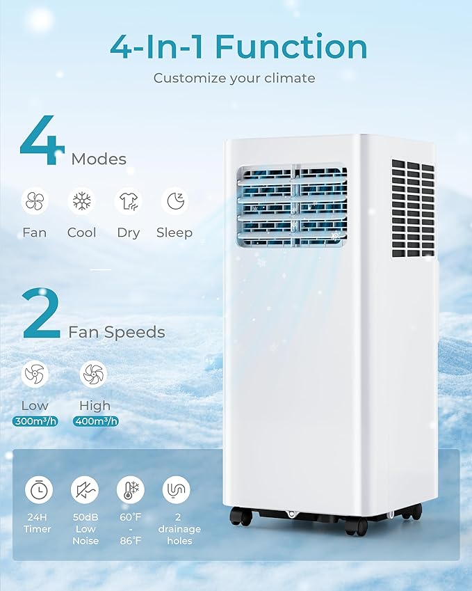 EUHOMY 10,000 BTU Portable Air Conditioners, 4 in 1 Portable AC with Cool, Dry, Fan, Sleep Modes, Room Air Conditioners with 50 dB & 24H Timer, with Remote, for Bedroom, Apartment up to 450 Sq.Ft