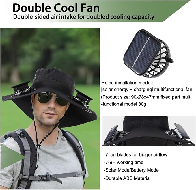 Outdoor Solar Powered Fan Hat for Men Women Breathable Wide Brim Hat with 2 Fans UPF 50+ Fishing Hat Beach Bucket Sun Hat