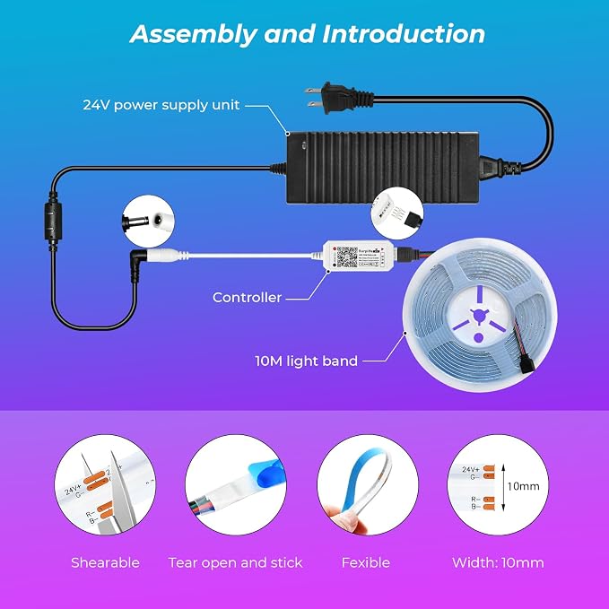 COB Led Strip Light 32.8FT RGB Color Changing, 10mm Width 24V5A Flexible Led Tape Light WiFi/Bluetooth Connect, APP/Remote Control, Music Sync for TV Led Backlight, Bedroom Home Decor