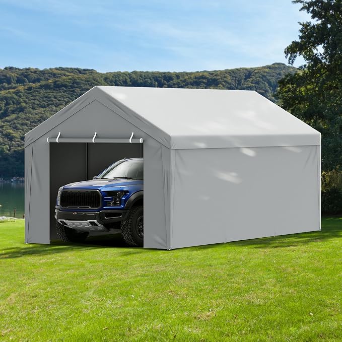 VEVOR Carport Replacement Canopy Cover Top + Side Wall 13 x 20 ft, Garage Tent Shelter Tarp Heavy-Duty Waterproof & UV Protected, Easy Installation with Ball Bungees,Grey (Frame Not Included)