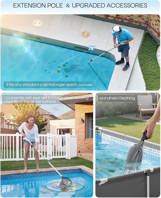 Cordless Handheld Pool Vacuum, Pool Vacuum for Above Ground Pool with Telescopic Pole and Leaf-Scooping Net, Rechargeable Pool Cleaner 18.5 Gal/Min Suction, 80 Min Runtime, Dual-Filter Cleaning System