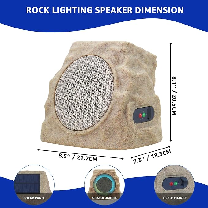 uuffoo 2-Pack Solar Powered Rock Speakers Outdoor Water-Resistant IP44 Rock Speaker with Lights RGB Colors and USB Charging for Patio Pool Party Yard Garden Outside