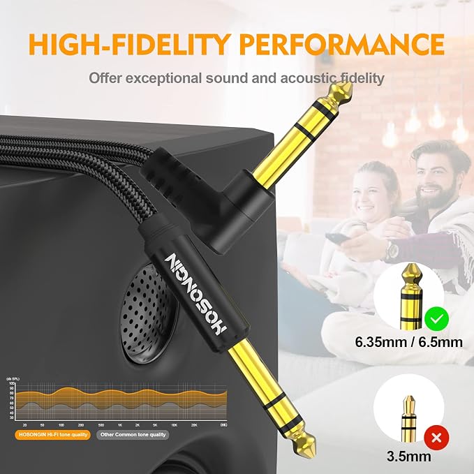 HOSONGIN 1/4 Inch TRS Instrument Cable 6.6 feet 2-Pack, Straight-to-Right Angle 6.35mm Male Stereo Audio Cord, Balanced Interconnect Line for Electric Guitar, Bass, Keyboard, Mixer, Amplifier, Speaker