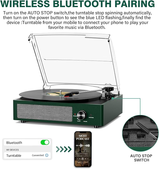 Record Player Bluetooth Turntable with Built-in Speakers & 3 Speed 3 Size Portable Retro Vinyl Record Player for Entertainment and Home Decoration Emerald Green