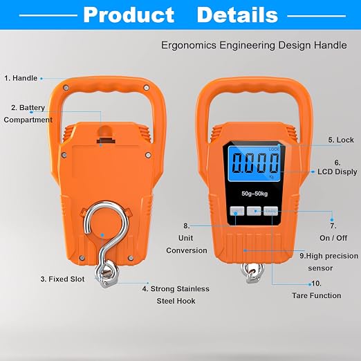 SKEAP Digital Fish Scale Hanging Scale Fishing Scale,110lb/50kg Luggage Scale,Upgrade Large Handle & Backlit LCD Display, Electronic Balance Digital Fishing Postal Scale,Orange,Fishing Gifts for Men