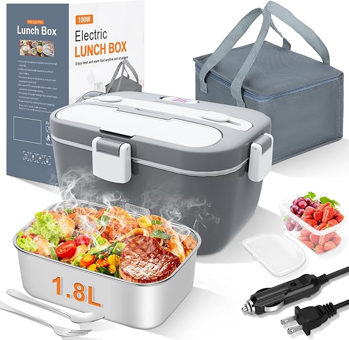 DUPASU Electric Lunch Box Food Warmer: 100W Heated Lunch Box for Adults, 1.8L Portable Fast Heating Lunchbox Food Heater for Car, Truck, Work, Travel, Lonchera Elctrica Porttil 12/24V/110-230V