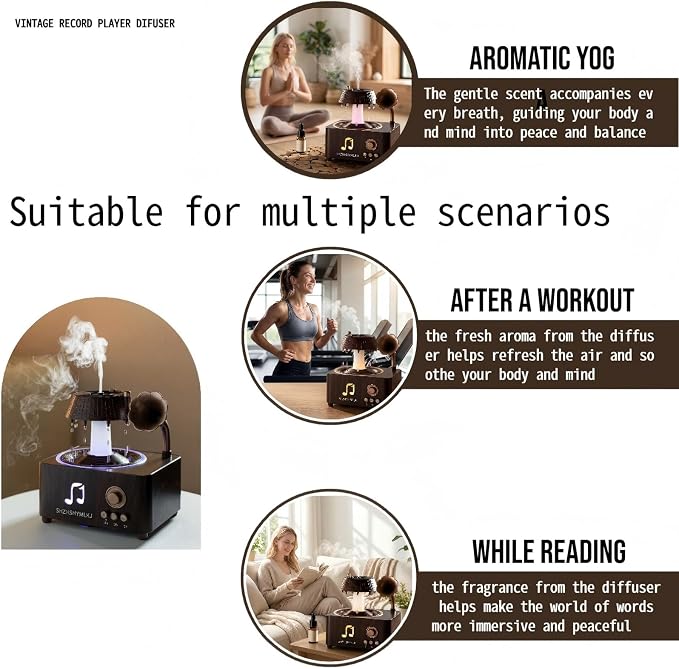 Vintage Record Player Diffuser with Bluetooth, 7-Color Lights & 7 White Noises, Ultrasonic Aroma Diffuser, 3H/6H Timer, Raindrop Rotation, Auto Shut-Off, Remote, for Home Office Decor