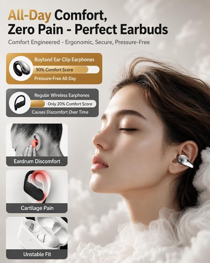 Boytond Ultra Open Ear Earbuds, Comfort Clip On Earbuds, Wireless Bone Conduction Headphones with Bluetooth 5.3, Fast Charging Fast Charging for Running, Sports, and Travel, Glaze Black