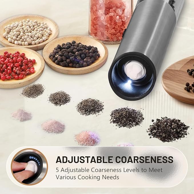 Gravity Electric Salt and Pepper Grinder Set With Wooden Base, USB Rechargeable Stainless Steel Mills with Large Capacity, LED Light, Adjustable Coarseness, Ideal for Kitchen and Dining(2 Pack)
