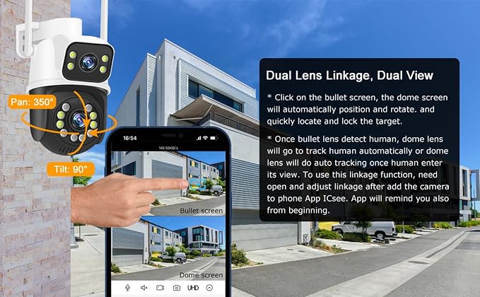 PTZ 2.4G/5G WiFi Outdoor security wireless 2X3MP Dual Lens Linkage Human Detect Pan tilt Digital zoom Auto Tracking Home Surveillance Camera 2-way audio 10M color night vision cable to outlet ICsee