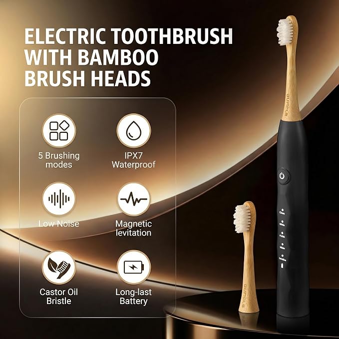 Electric Toothbrush with 4 Bamboo Heads, Bamboo Electric Toothbrush for Adults, Soft Castor Oil Bristles, 5 Modes, Smart Timer, Sonic Technology, IPX7 Waterproof, 60-Day Battery Life-Black