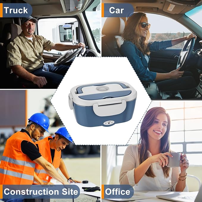 Akhia Electric Lunch Box for Adults, 80W Rapid Heated Lunch Box for Car/Truck/Office/Travel with 1.5L Stainless Steel Container Fork & Spoon & Insulated Bag, 12V/24V/110V