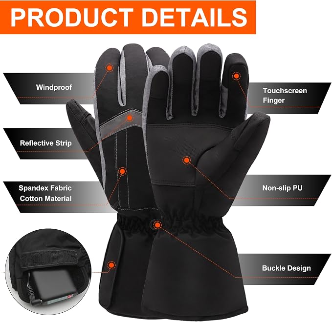 Rechargeable Heated Gloves - New Upgrade, Electric Portable Battery Hand Warmers for Men Women, Waterproof Touchscreen Cold Weather Thermal Gloves for Driving,Camping,Hunting,Outdoor Work