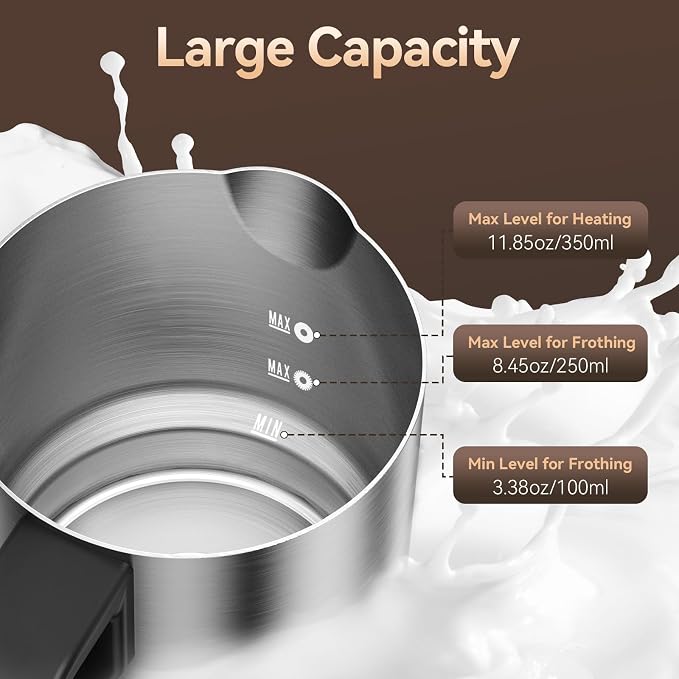 Milk Frother and Steamer, 4-in-1 Automatic Electric Milk Frothers, 24oz Detachable Stainless Steel Jug with Latte Art Spout, Hot & Cold Foam Maker for Coffee, Lattes, Cappuccinos
