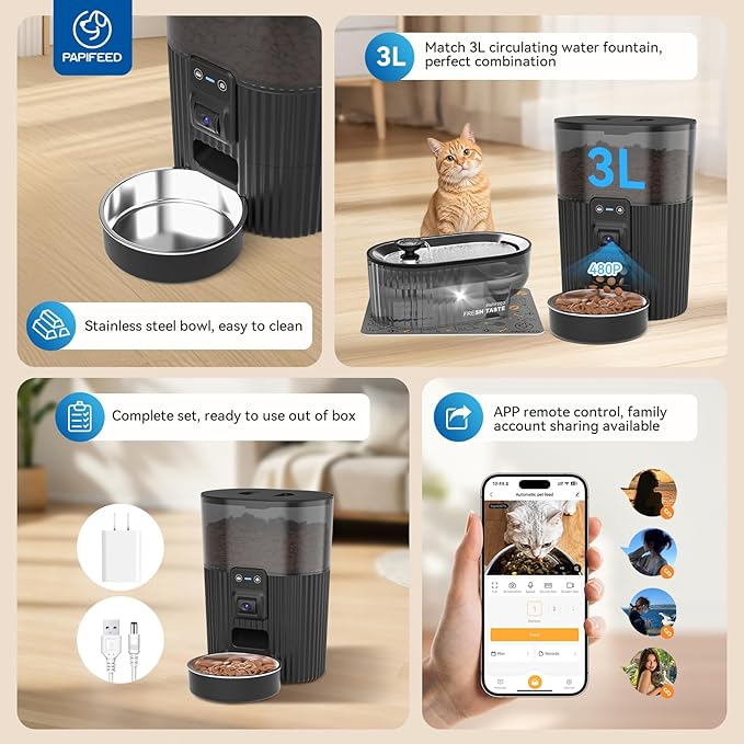 PAPIFEED Automatic Cat Feeder and Water Fountain Stainless Steel, WiFi Timed Auto Cat Feeder with Camera & App, Cat Food & Water Dispenser, Quiet Pet Drinking Fountain with LED, Smart Dog Feeder Set ﻿