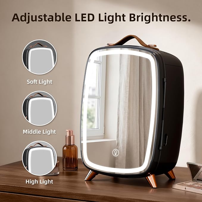 Antarctic Star 6L/8 Cans Makeup Mini Refrigerator with Dimmable LED Light Mirror for Bedroom, Car, Office & Dorm,Portable Small Cooler for Cosmetics,Skin Care,BLACK