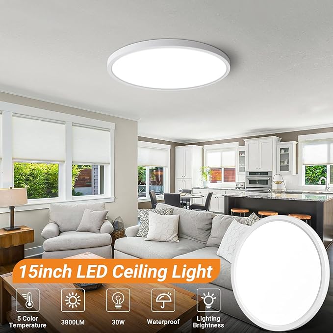 slochi 1Pack LED Flush Mount Ceiling Light Fixture, 15 Inch 30W, 3800LM, Super Slim 0.7 Inch, 3000K-6500K Adjustable Low Profile LED Ceiling Lights for Bathroom, Closet, Hallway(White)