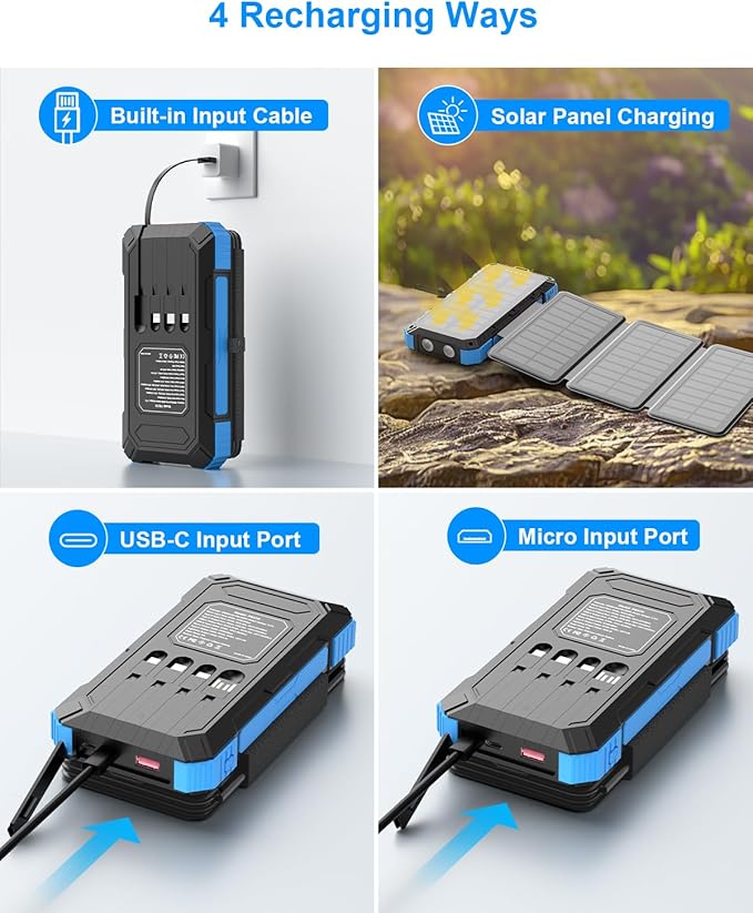 Power Bank 2 Pack, Portable Charger +Solar Battery Pack with 4 Built-in Cables & 4 Foldable Panels for Outdoor Camping