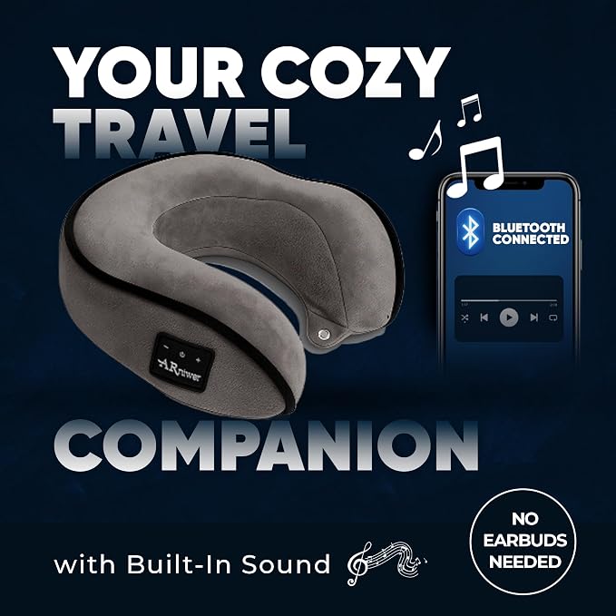 Bluetooth Music Neck Pillow Plus+ Thicker Support Wireless Bluetooth Speaker Suitable Airplane,Train,Car,Office,Outdoor Camping for Sleeping, Resting The Best Travel Essentials. (Dark Gray)