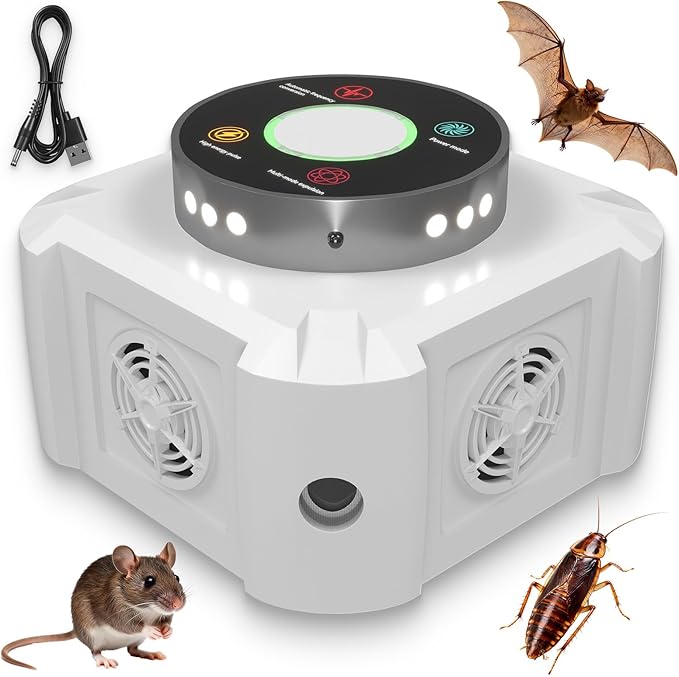 Ultrasonic Mouse Repeller & Pest Repellent - 12 Strobe Lights, 4 Frequency Modes, Indoor Plug in Rodent Control for Home, Garage, Attic, Warehouse, Electronic Mice Deterrent Devices, White
