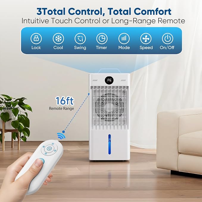 Portable Air Conditioners Fan, Windowless Evaporative Air Cooler 2 Modes & 6 Speeds, 12H Timer for Smart Auto-off, 3-Gals Tank for 20H Cooling,16FT Remote,No Hose Needed,38db Swamp Cooler
