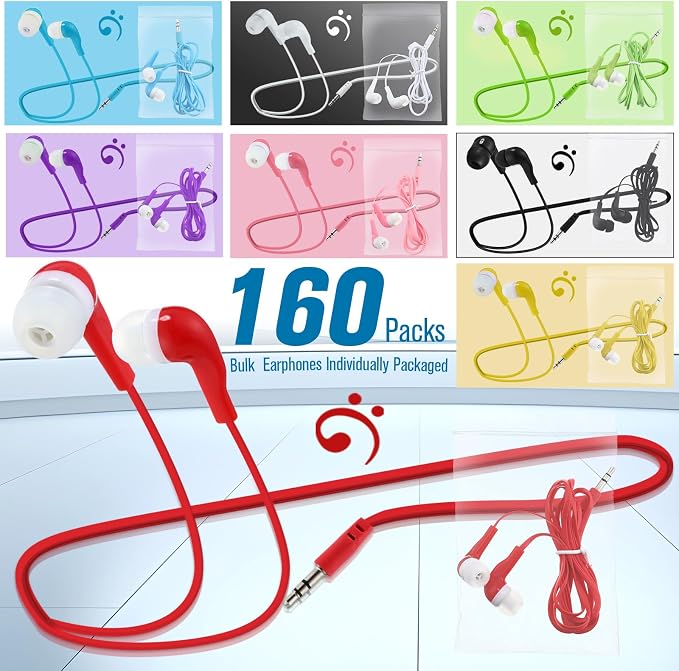 Konohan 160 Packs Bulk Earbuds with Wire Earphones Classroom Wired Headphones for Students Headphones Individually Bagged, 8 Colors Ear Buds Bulk for Classroom School Library(Colorful)