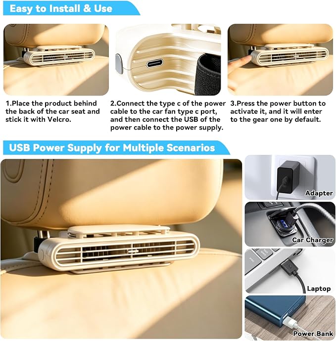 1PCS Car Seat Fan, Portable Car Fans for Backseat for Kids, USB Rechargeable Backseat Neck Cooling Air Conditioner Cooler Vent Clip on Fan with 3 Adjustable Wind Speeds Device for All Cars-Beige