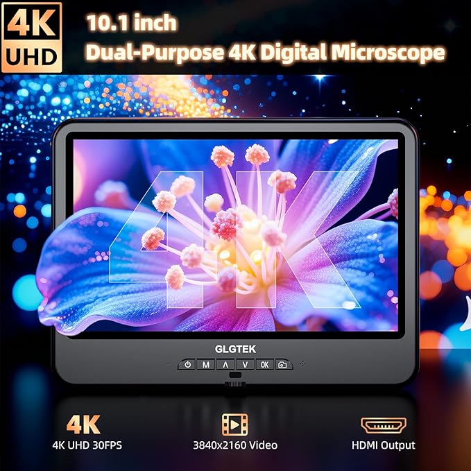 GLG208SE 4K 30FPS HDMI Digital Microscope 1500X with Microphone for Electronics Repair, 10.1" Dual Screen Display, 3840P UHD Video Audio for PCB Soldering, Coin Microscope Full View for Error Coins
