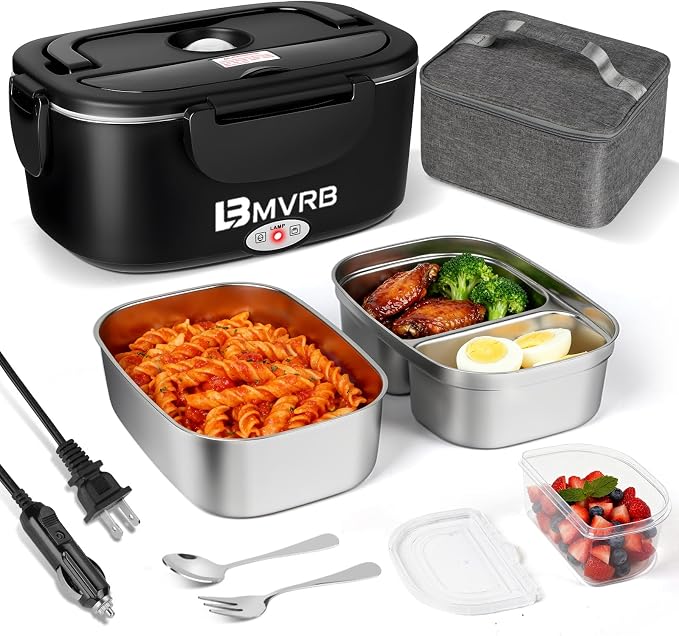 Electric Lunch Box for Adults, 80W Fast Heating Heated Lunch Box, 1.5L Dual 304 Stainless Steel Portable Food Warmer, 12/24/110V for Car Truck Work Travel, Lonchera Eléctrica Portátil(Black)