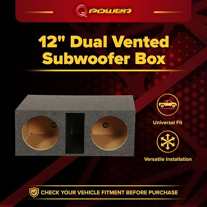 Q Power HD212VL 12 Inch Dual Vented Subwoofer Box, Heavy Duty 2-Hole Extra Large Ported Enclosure with 1-Inch MDF Front, Charcoal Grey Finish