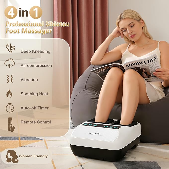veicomtech Foot Massager with Heat, Electric Foot Massager Machine for Plantar Fasciitis Neuropathy with Remote Control, Adjustable Vibration and Compression(White)