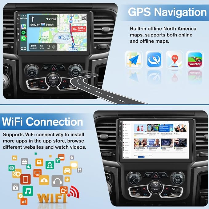 Car Radio Stereo for Dodge Ram 2013-2018 1500 2500 3500 Automatic AC Android 13 2G RAM 64G ROM with Wireless Carplay Android Auto, 9-inch Touch Screen Head Unit