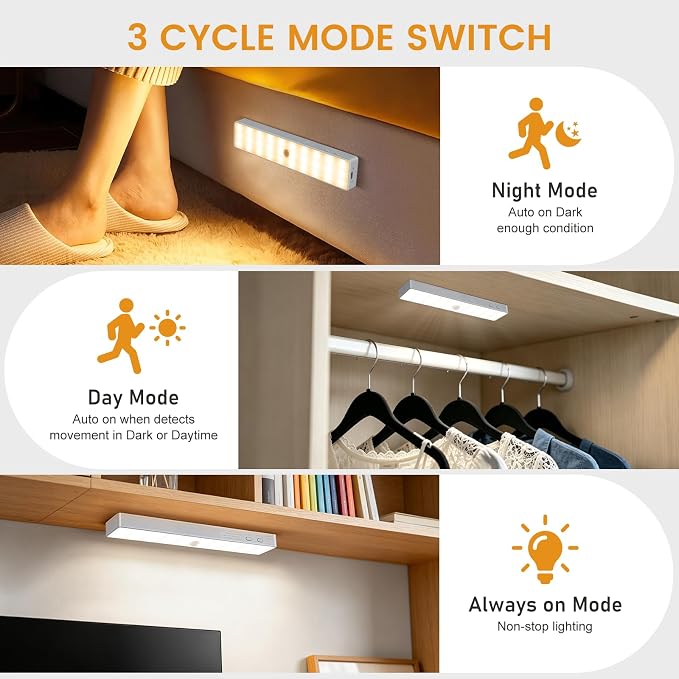 Under Cabinet Lights with Charging Station, 3 Pack Rechargeable 3 Color Temperatures Motion Sensor Closet Lighting, Dimmable RV Step Lights Stick-Anywhere LED Night Bar for Kitchen,Wardrobe,Stairs