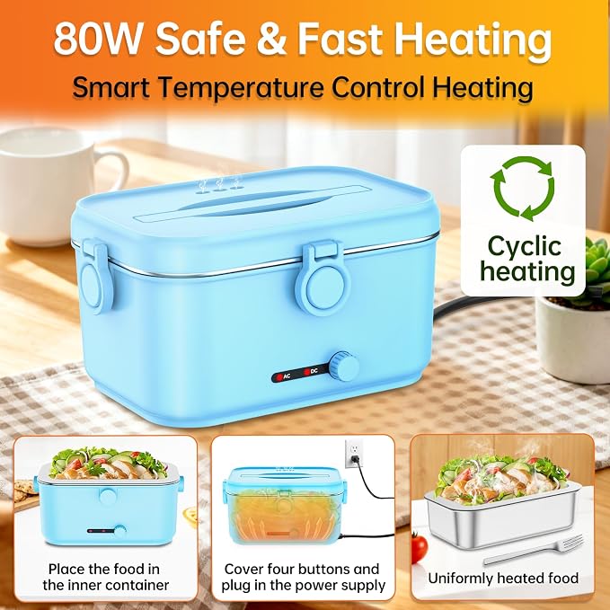 Heated Electric Lunch Box for Adults, 80W Portable Food Warmer with 1.8L Stainless Steel Container, Utensils, Carry Bag & Leakproof Lid, 12V/24V Car/Truck & 110/120V Home/Office (Light Blue)