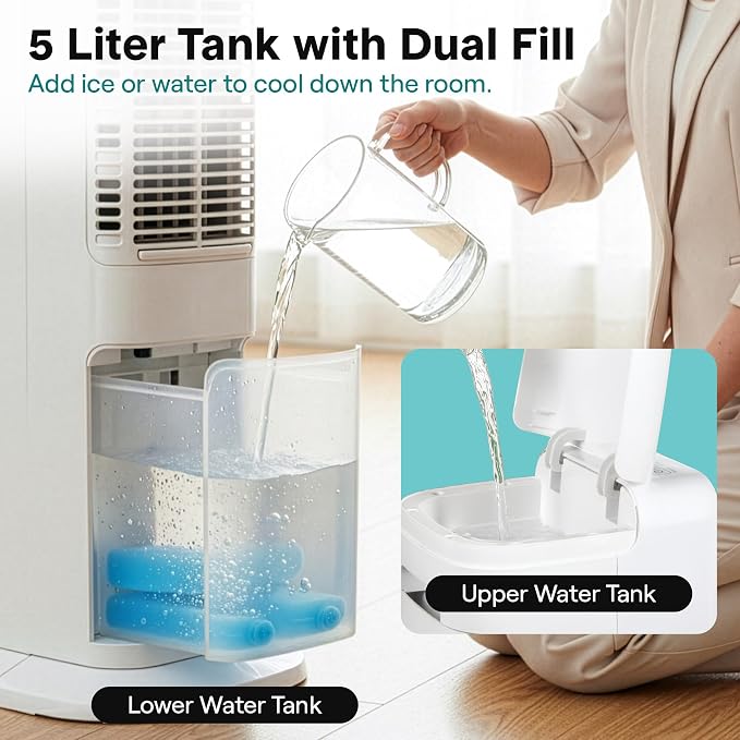 SereneLife Evaporative Air Cooler Tower Fan with Remote, 5L Water Tank, 4 Ice Boxes, 3 Speeds, 60° Oscillation, Quiet Portable Swamp Cooler, Cooling Fan for Bedroom, Home, Office, Dorm