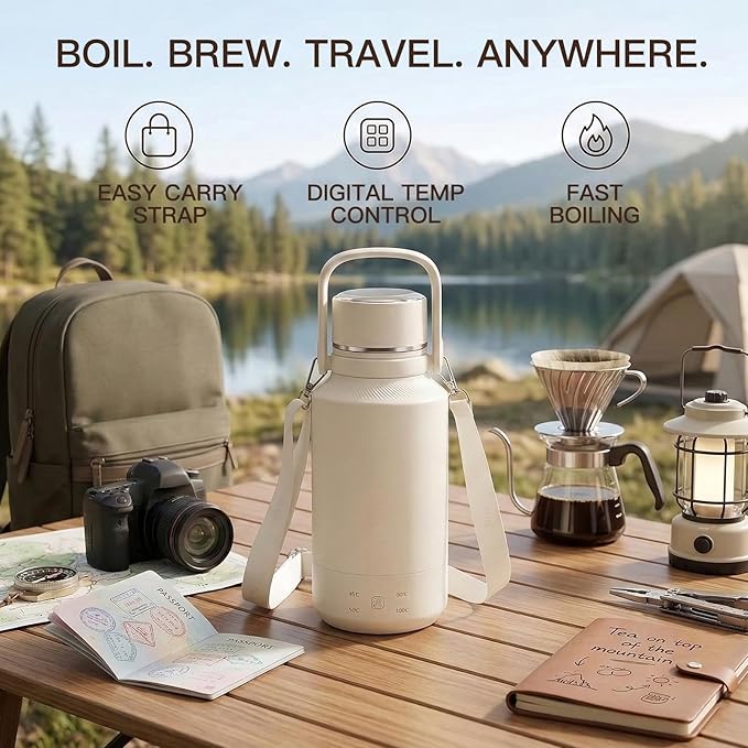 MEGAWISE Portable Electric Heating Cup 1L, 304 Stainless Steel with 4 Temperature Settings (113°F–212°F), Travel Water Boiler with Keep Warm Function, Compact Hot Water Kettle for Home Office Travel
