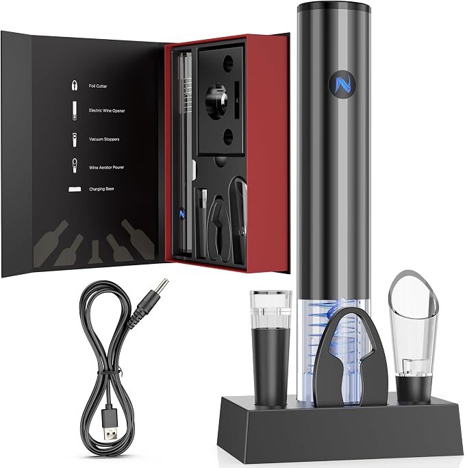 Newise Rechargeable Electric Wine Gift Set: Wine Opener, Aerator, Vacuum Stoppers & Foil Cutter - Luxury Wine Lovers Gifts for Women Men